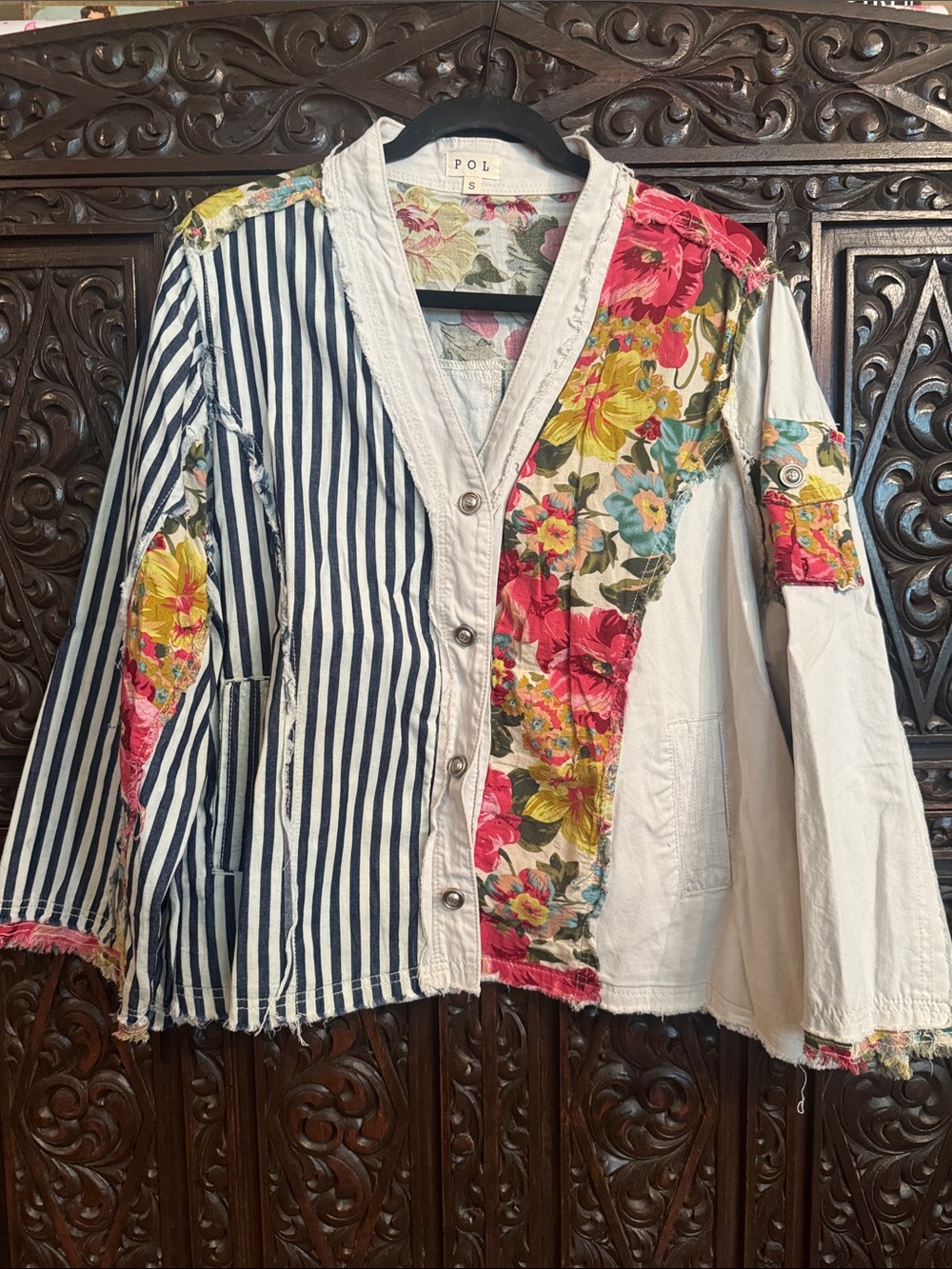 POL mixed-print floral & navy striped cotton jacket